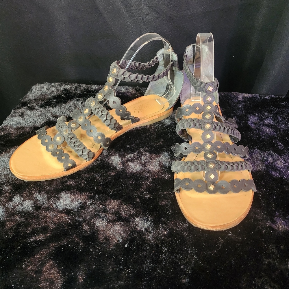 Franco Sarto Size 10 Black and Gold Sandals